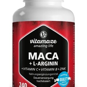 Maca fortement dosées 4000 mg + L-Arginine 1800 mg + Vitamines + Zinc, 240 capsules