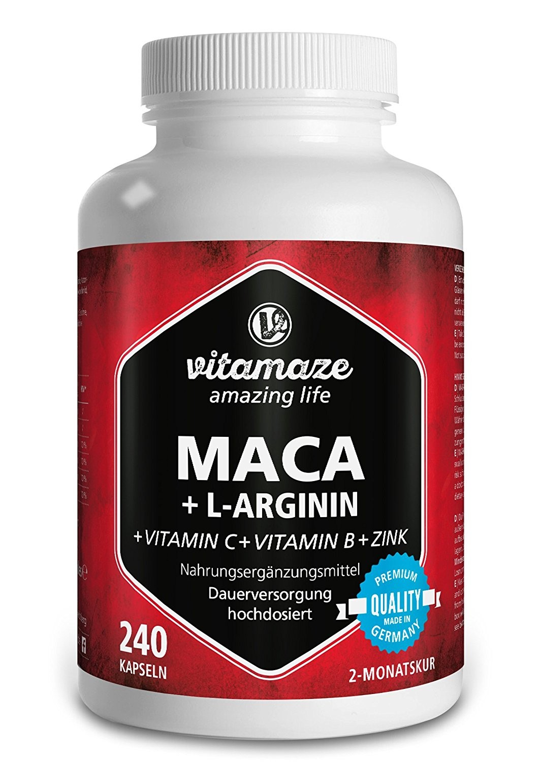 Maca  fortement dosées 4000 mg + L-Arginine 1800 mg + Vitamines + Zinc, 240 capsules